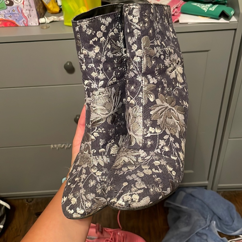 Denim metallic booties